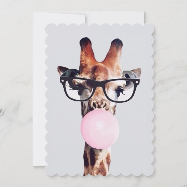 Giraffe Wearing Glasses blowing pink bubble gum Invitation (Front)