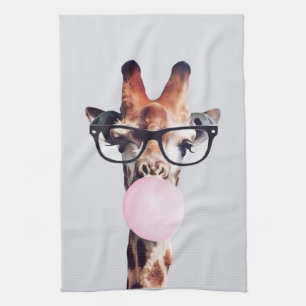 Giraffe Wearing Glasses Blowing Pink Bubble gum Kitchen Towel