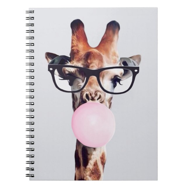 Giraffe wearing glasses blowing pink bubble gum notebook (Front)