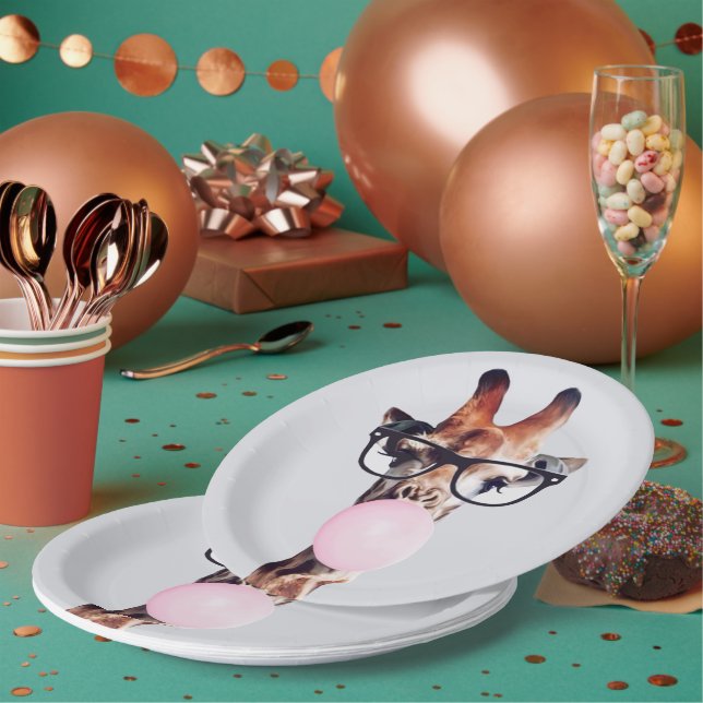 Giraffe Wearing Glasses Blowing Pink Bubble gum  Paper Plates (Multi)
