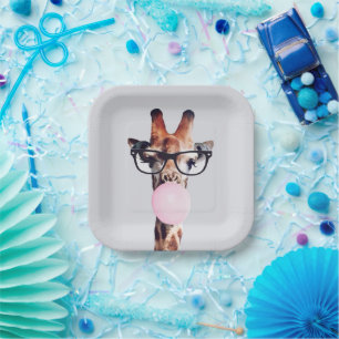 Giraffe Wearing Glasses Blowing Pink Bubble gum Paper Plates