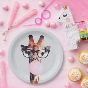 Giraffe Wearing Glasses Blowing Pink Bubble gum Paper Plates