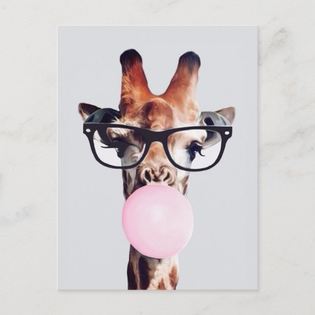 Giraffe Wearing Glasses Blowing Pink Bubble gum Postcard (Front)