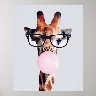 Giraffe Wearing Glasses Blowing Pink Bubble gum Poster