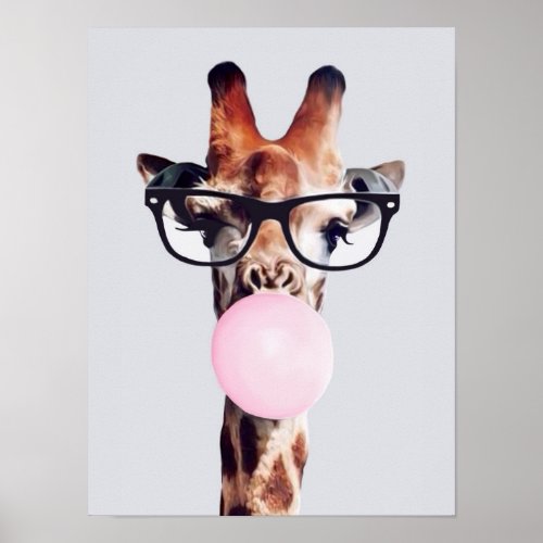 Giraffe Wearing Glasses Blowing Pink Bubble gum Poster