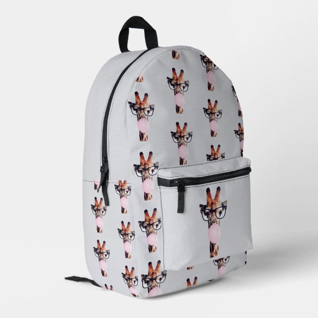 Giraffe Wearing Glasses Blowing Pink Bubble gum Printed Backpack (Back Corner Left)