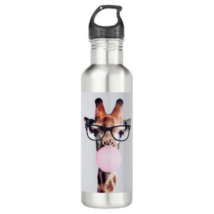 Giraffe wearing glasses blowing pink bubble gum stainless steel water bottle