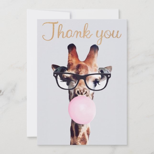 Giraffe Wearing Glasses Blowing Pink Bubble gum Thank You Card (Front)