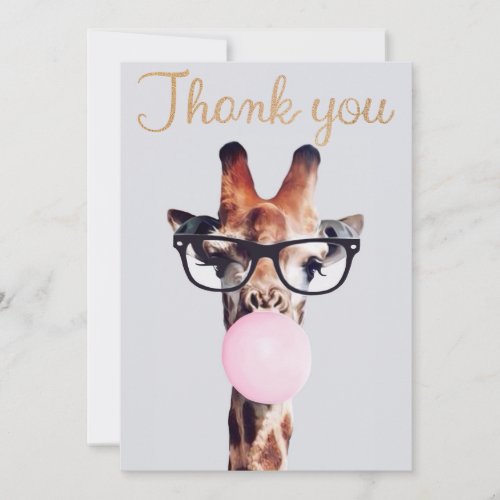 Giraffe Wearing Glasses Blowing Pink Bubble gum Thank You Card