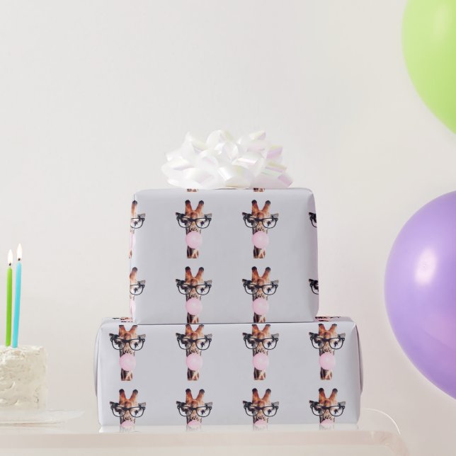 Giraffe wearing glasses blowing pink bubble gum wrapping paper (Party Gifts)
