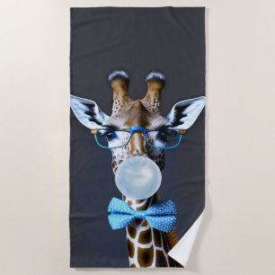 Giraffe wearing glasses, bow tie blowing blue gum beach towel