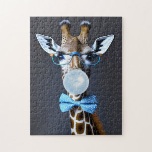 Giraffe wearing glasses, bow tie blowing blue gum jigsaw puzzle