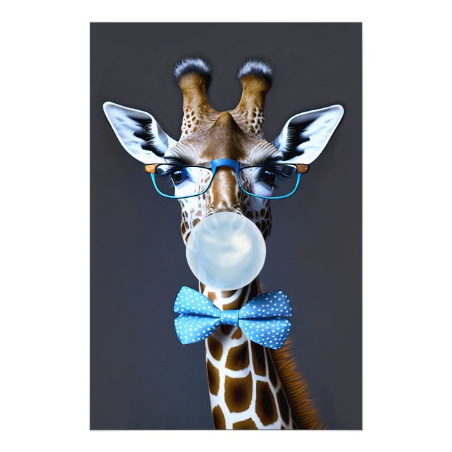 Giraffe wearing glasses, bow tie blowing blue gum photo print (Front)