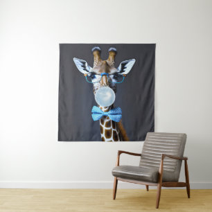 Giraffe wearing glasses, bow tie blowing blue gum tapestry