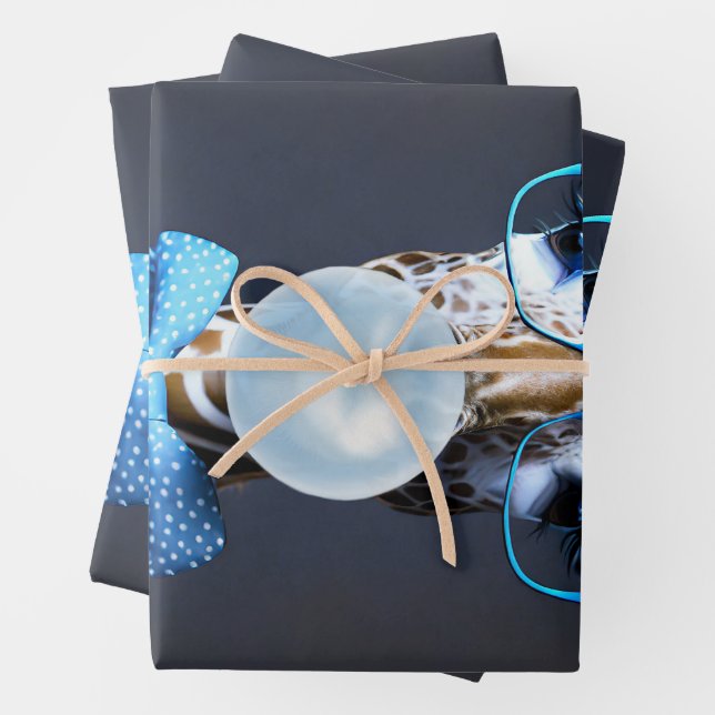 Giraffe wearing glasses, bow tie blowing blue gum wrapping paper sheets (In situ)