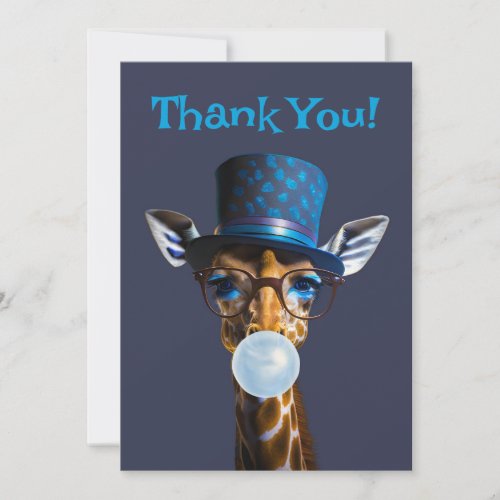 Giraffe wearing glasses bow tie top hat blue gum thank you card