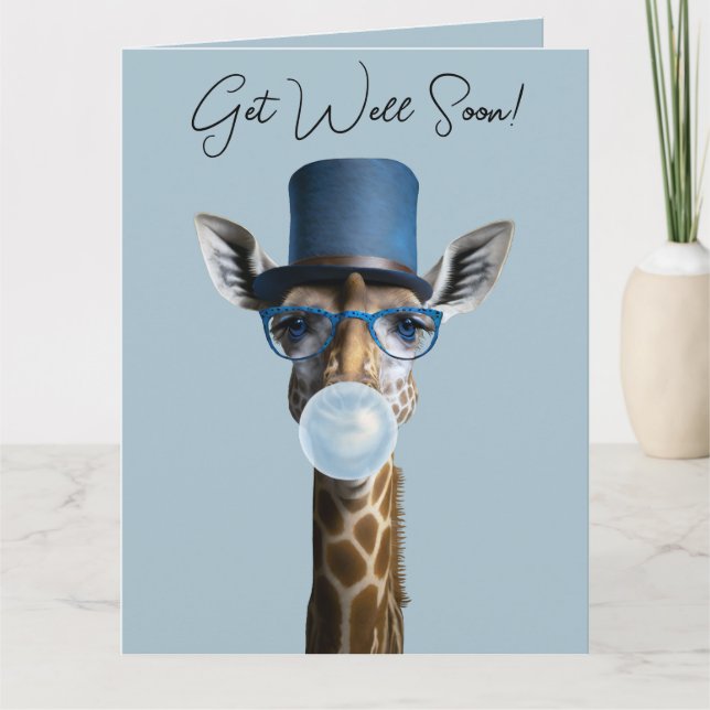 Giraffe wearing glasses, top hat, gum Get Well Card (Front)