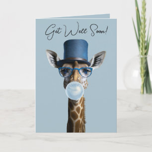 Giraffe wearing glasses, top hat, gum Get Well Card