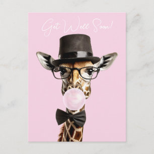 Giraffe wearing glasses, top hat, gum Get Well Postcard