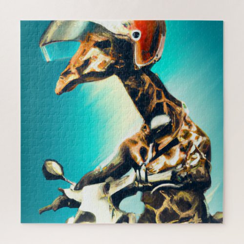 Giraffe Wearing Helmet on Motorcycle Modern AI Art Jigsaw Puzzle