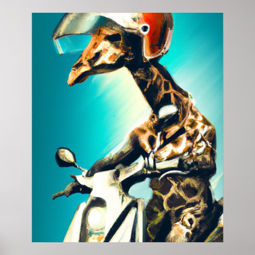 Giraffe Wearing Helmet on Motorcycle Modern AI Art Poster