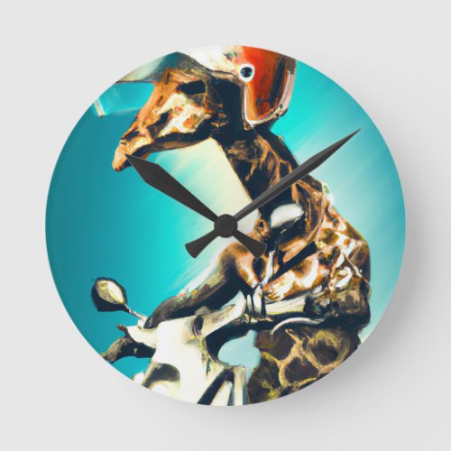 Giraffe Wearing Helmet on Motorcycle Modern AI Art Round Clock