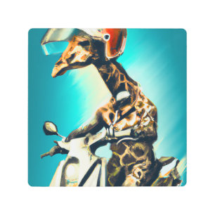 Giraffe Wearing Helmet on Motorcycle Modern AI Metal Print