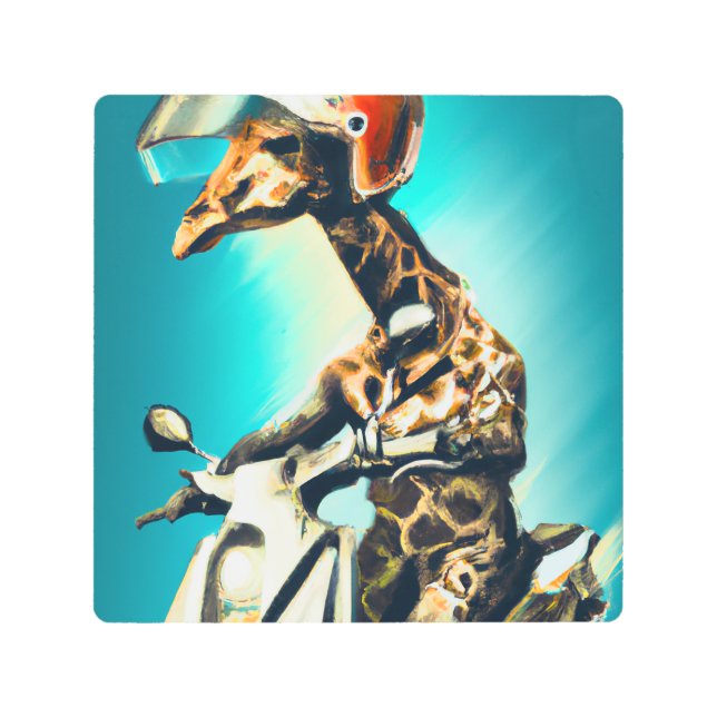 Giraffe Wearing Helmet on Motorcycle Modern AI Metal Print (Front)