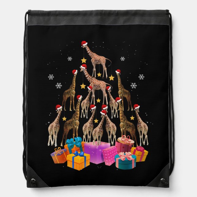 Giraffe Wearing Santa Hat Christmas Tree Boxes Xma Drawstring Bag (Front)