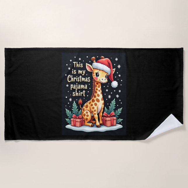 Giraffe Wearing Santa Hat Matching Christmas Pajam Beach Towel (Front)