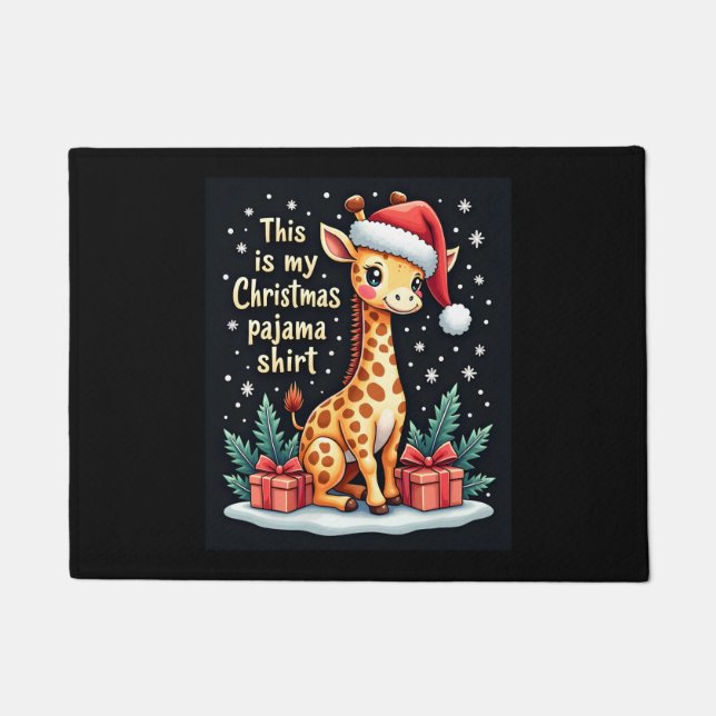 Giraffe Wearing Santa Hat Matching Christmas Pajam Doormat (Front)