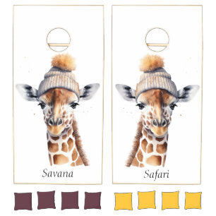 Giraffe wearing winter hat customizable  cornhole set
