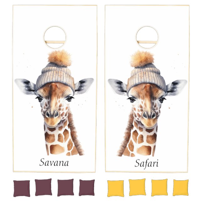 Giraffe wearing winter hat customizable  cornhole set (Set)