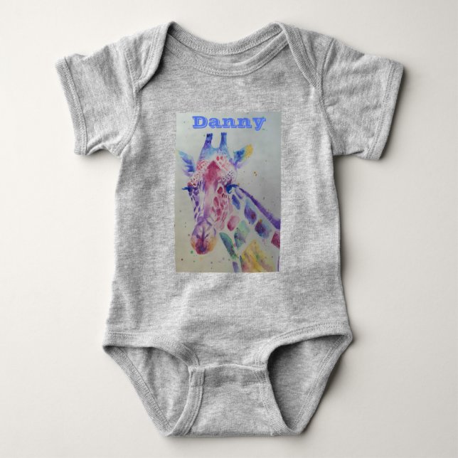 Giraffe Whimsical Watercolor Gray Babies Bodysuit (Front)