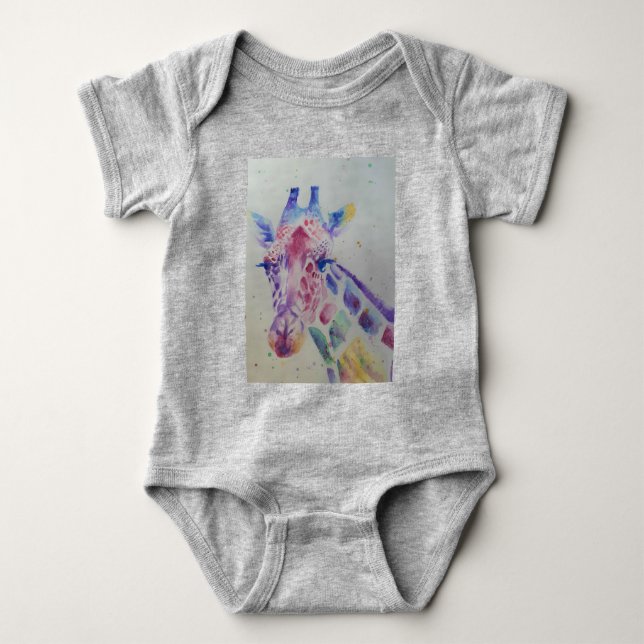 Giraffe Whimsical Watercolor Gray Babies Bodysuit (Front)
