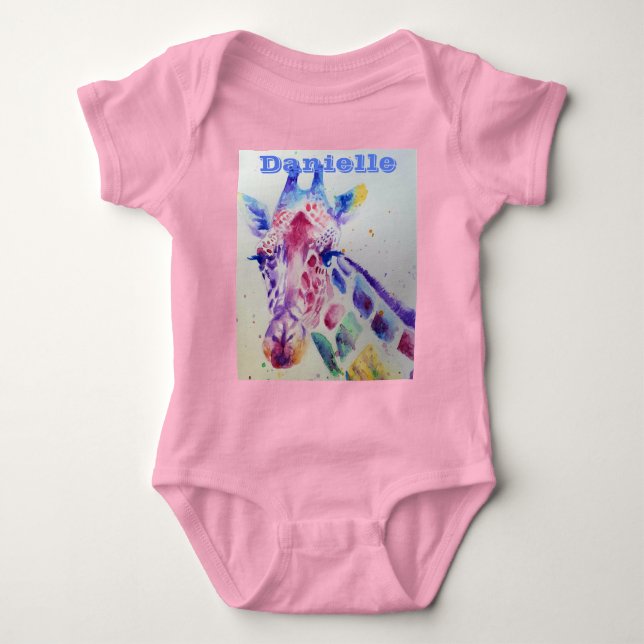 Giraffe Whimsical Watercolor Pink Babies Bodysuit (Front)