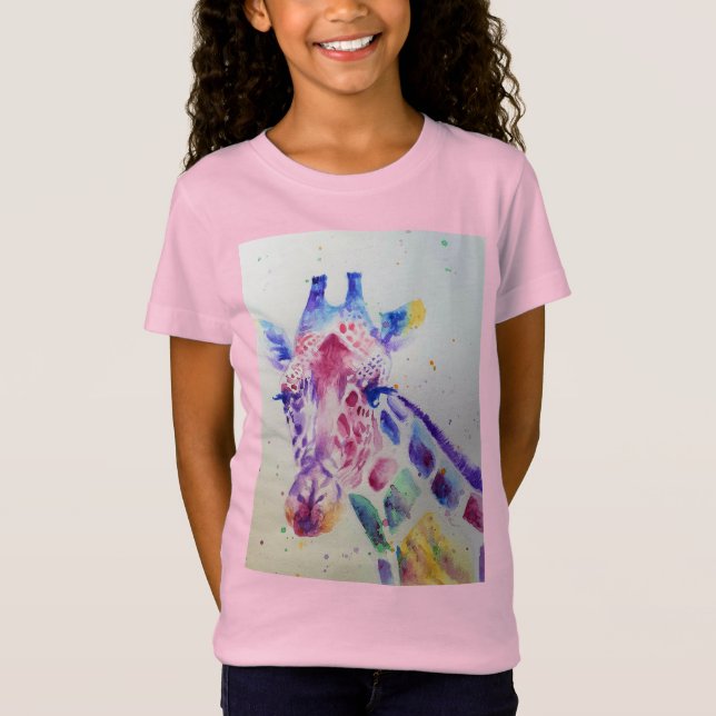 Giraffe Whimsical Watercolor pink Girls T Shirt (Front)