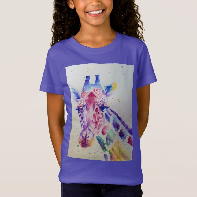 Giraffe Whimsical Watercolor Purple Girls T Shirt (Front)