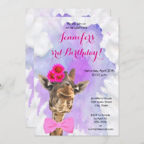 Giraffe wild animal watercolor girl happy birthday invitation