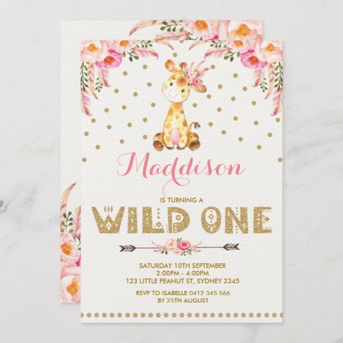 Giraffe WILD ONE Invitation Pink Gold Floral Party