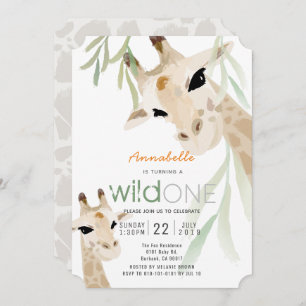 Giraffe Wild One Watercolor Kids 1st Birthday Invitation