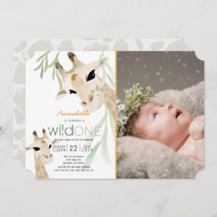 Giraffe Wild One Watercolor Photo 1st Birthday Invitation
