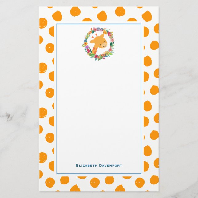 Giraffe with a  Floral Wreath on Orange Spots Stationery (Front)