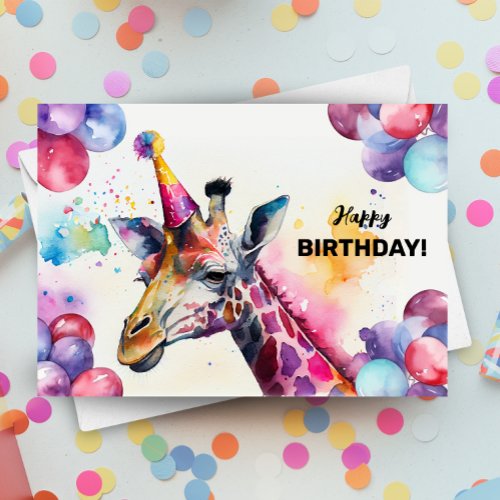 Giraffe with Balloons and Party Hat Happy Birthday Card