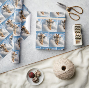 Giraffe with Black Glasses in Clouds Wrapping Paper