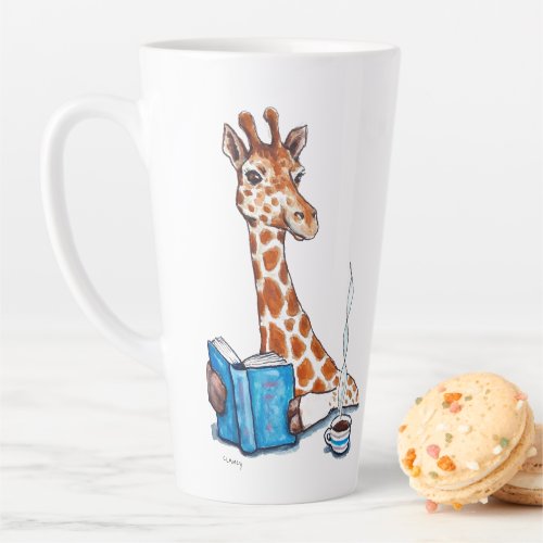 Giraffe with book and beverage latte mug