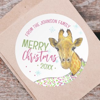 Giraffe with Christmas scarf Cute fun Animal art