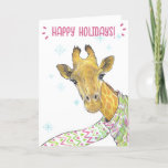 Giraffe with Christmas scarf Cute fun Animal art Holiday Card