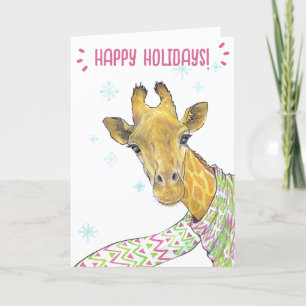 Giraffe with Christmas scarf Cute fun Animal art Holiday Card
