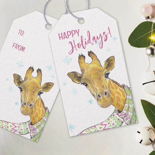 Giraffe with Christmas scarf Cute funny Animal art Gift Tags